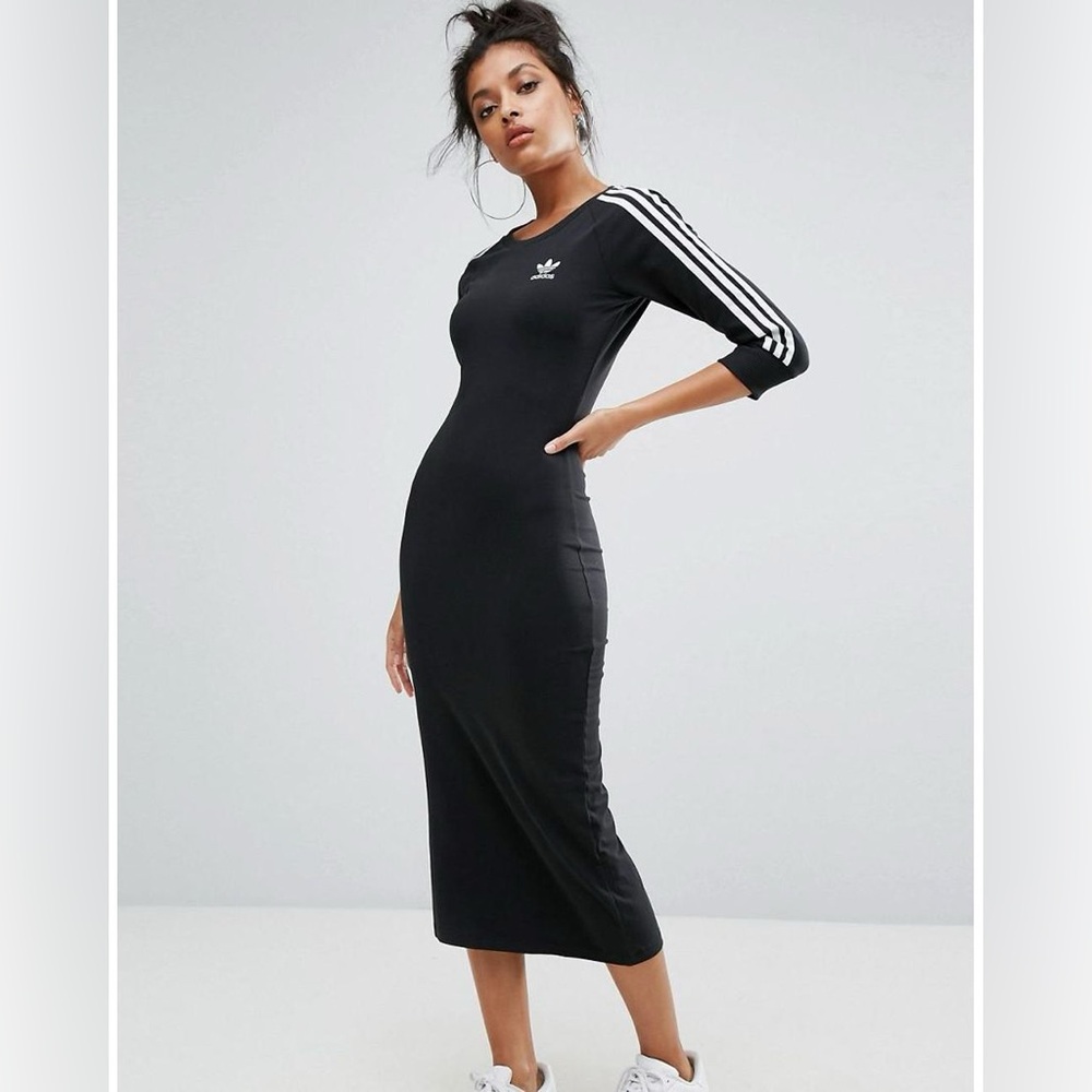 adidas Originals 3 Stripe Crewneck Stretch Bodycon Midi Dress Black/White (XS)